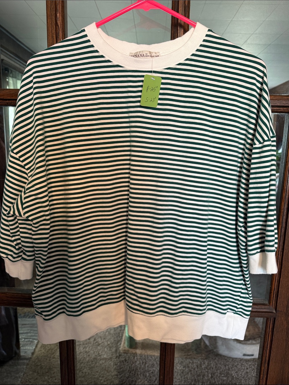 Zenana Striped Oversized Pullover Sweatshirt Green White M Boxy Breton Preppy